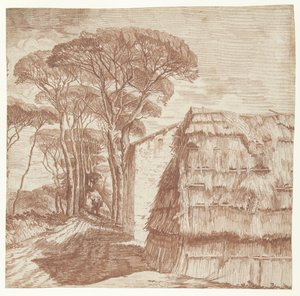 Pine Lane with Houses and a Turf Hut in the Foreground by Anonymous