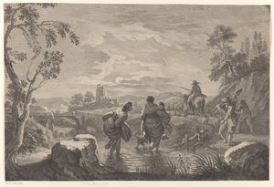 River landscape with crossing figures by Anonymous