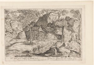 Rocky Landscape with Roof on Poles and Lion on the Right (Landscapes after Domenico Campagnola) by Anonymous