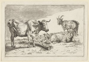 Standing Cow with Twisted Horn with a Sheep and a Goat