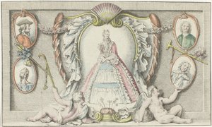 Standing woman, two putti, and four medallions by Anonymous