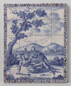 Tile Panel with a Landscape in Blue with Mythological Scene: Hercules and Achelous by Anonymous