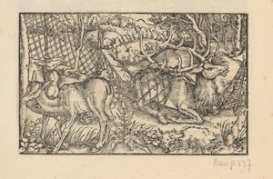 Two Hinds and a Stag Caught in a Net by Anonymous