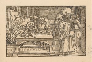 Two Men on the Edge of a Bed and an Old Man with Rosary