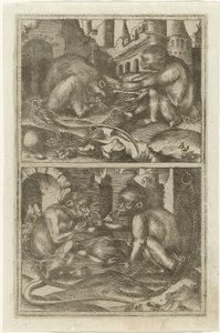 Two Scenes with Two Chained Monkeys Among Ruins by Anonymous