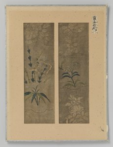 Two Textile Fragments on a Sheet, Embroidery and Print on Silk