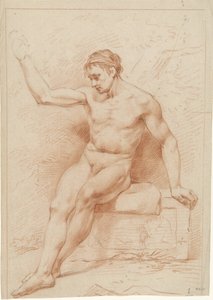 Seated Male Nude, Head to the Left, Right Arm Raised