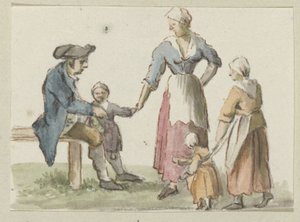 Seated Man and Standing Woman with Three Children