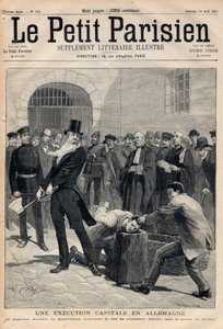 A capital execution in Germany. Executioner Friedrich Reindel (1824-1908) of Magdeburg, cutting the head of the convict Klausin in Berlin prison. Engraving in 