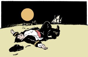 A captain killed by pirates is abandoned on an island, the pirate ship moves away on the horizon (Illustration from 