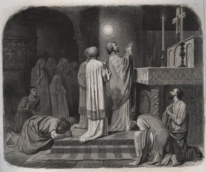 A Globe of Fire Appears Above Saint Martin, Bishop of Tours, While He Works. Engraving from 1846 in 