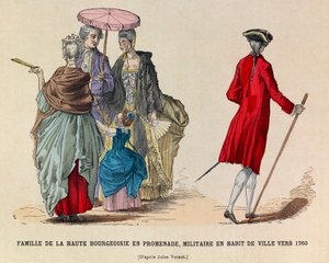 A High Bourgeoisie Family Walking and a Soldier in Town Dress in 1760 (Reign of King Louis XV) - Private Collection