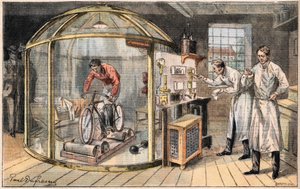 A man in a bell: experience on the expenditure of human energy carried out by English scientists. Engraving from the newspaper Le Peute Parisien, on 24/05/1908. Private collection. by Anonymous Anonymous
