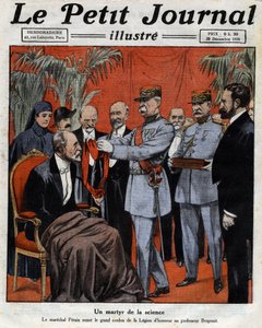 A martyr of science: Marechal Philippe Petain (1856-1951) handed over the great cord of the Legion of Honour to Professor Jean-Alban Bergonie (1857-1925), a French cancer doctor. Engraving. One of the newspaper Le Petit Journal illu by Anonymous Anonymous