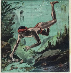 A pearl researcher risking his life in the tropical seas of Ceylon and Polynesia to supply eleganties with necklaces and jewelry. Illustration taken from Le Petite Journal 11/03/1923 Private collection by Anonymous Anonymous