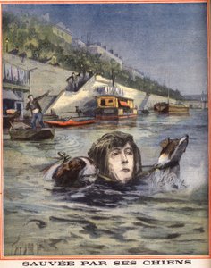 A Woman Falls in the Seine and is Saved by Her Dogs in Paris. Engraving in 