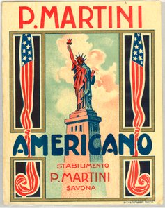Advertisement for Italian short drink Americano, with American flag and Statue of Liberty by Anonymous Anonymous