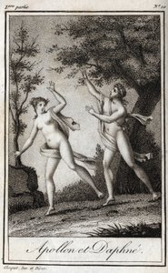Apollo and Daphne. The nymph Daphne turns into a laurel to escape Apollo. Engraving from 1819 in 