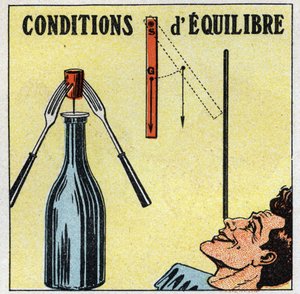Balance of Solids: Equilibrium Conditions. Experience with a Bottle, a Stopper and Two Forks. Anonymous Illustration from 1925. Private Collection by Anonymous Anonymous