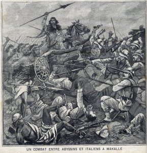 Battle between Abyssins of Menelik II and Italians in Makalle, Ethiopia. Engraving in 