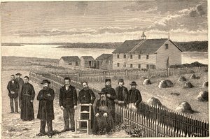 Bishop Isidore Clut, R.P. Le Corre and other members of the Providence Mission in Athabaska Mackenzie in Canada at the end of the 19th century. Engraving in 