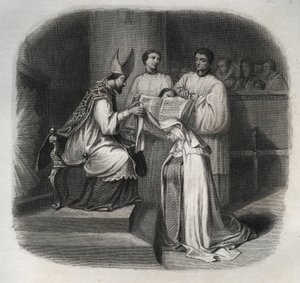 Blessed Mary of the Incarnation (Jeanne Avrillot) (1566-1618) French Mystic Receiving the Veil of Carmelite in 1614. Engraving from 1846 in 