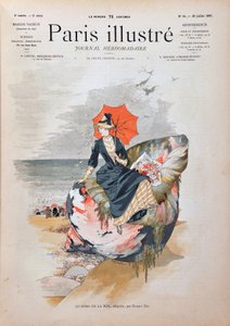 By the sea, allegory by Habert Dys. Elegant woman with an umbrella sitting on a giant shell poses on the sand of a beach. Engraving from 1887 in 