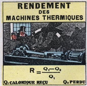 Calorimetry: efficiency of thermal machines. Anonymous illustration of 1925. Private collection. by Anonymous Anonymous