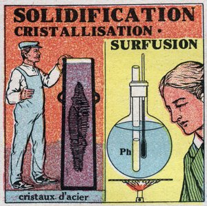 Changes in states: solidification and crystallization. Formation of steel crystals and superfusion of phosphorus. Anonymous illustration from 1925. Private collection. by Anonymous Anonymous