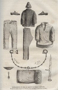 Clothing and irons received by a force arriving at the bagne de Rochefort in the 19th century. Engraving in 