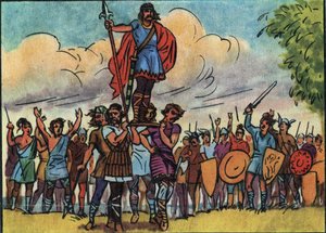 Clovis (king of the Francs from 481 to 511) was elected king by the Salians who carried him on the bulwark (shield) while touring the camp. Anonymous illustration in Collection des souverains et chefs d