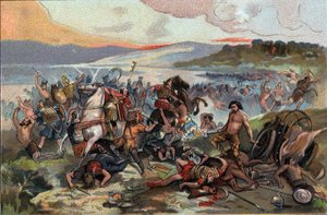 Conquest of Gaul: the battle of Presles in 60 BC opposing the people of the Nervians led by Boduognat to the Roman army of Julius Caesar. Advertising chromolithography of Antoine chocolates in Brussels, beginning of the 20th century. Private Collection