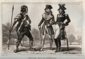 Costumes under the Convention. Engraving from 1859 in Le Monde. History of all peoples from the most remote times to the present day by M. E. de Lostalot-Bachoue. Private collection. by Anonymous Anonymous