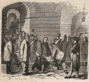 Coupling at the Rochefort bagne in the 19th century. Engraving in Histoire des bagnes depuis leur création à nos jours (1877) by Pierre Zaccone. Private collection. by Anonymous Anonymous