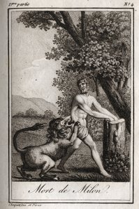 Death of Milon de Crotone devoured by a wolf. Engraving from 1819 in 