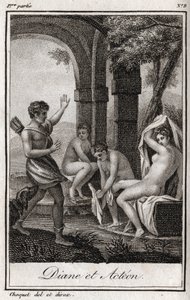 Diana and Actaeon. Diana surprised in the bath by the hunter Actaeon. Engraving from 1819 in 