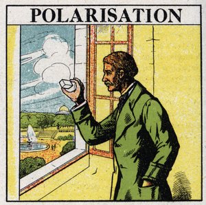 Double refraction: Etienne Louis Malus (1775-1812) observes through a spath the light of the setting sun reflected by the glass windows of Luxembourg in 1808. Anonymous illustration from 1925. Private collection. by Anonymous Anonymous