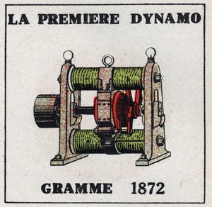 Dynamo: the first dynamo invented by Zenobe Theophile Gram in 1872. Anonymous illustration from 1925. Private collection. by Anonymous Anonymous