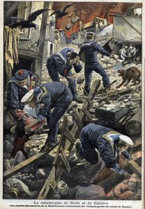 Earthquake in Sicily, Calabria 1909 - The Disaster of Sicily and Calabria - The Sailors of the Mediterranee Looking for Victims Among the Ruins of Messina - 