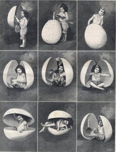 Easter eggs: a little girl in an egg. Engraving in Le Petite Parisien by Anonymous Anonymous