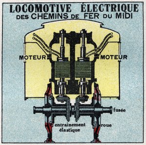 Electric Railways: cross section of the engine of an electric locomotive of the South Railways. Anonymous illustration from 1925. Private collection.