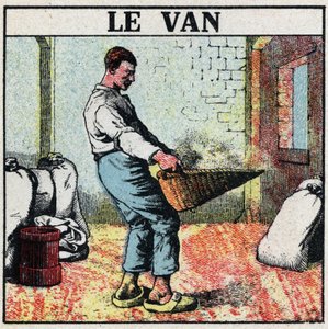 Electric tooling: the van or wicker basket used to wipe grain before the invention of electric machines. Anonymous illustration from 1925. Private collection. by Anonymous Anonymous