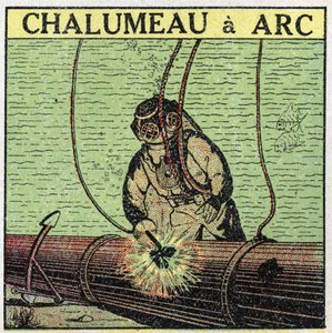 Electric tools: arc torch used by a diver at the bottom of the water. Anonymous illustration from 1925. Private collection. by Anonymous Anonymous