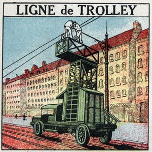 Electric trams: a trolley line. Anonymous illustration from 1925. Private collection. by Anonymous Anonymous