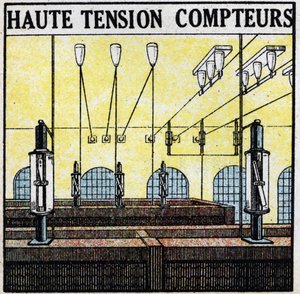 Electrical lines: high voltage meters. Anonymous illustration from 1925. Private collection. by Anonymous Anonymous