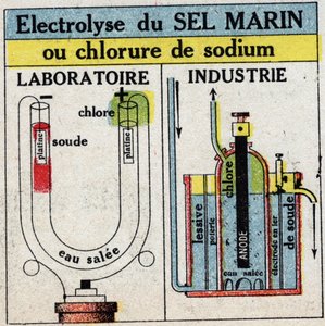 Electrochemistry: electrolysis of sea salt or sodium chloride. Anonymous illustration from 1925. Private collection. by Anonymous Anonymous