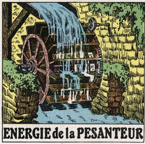 Energy of gravity: wheel of a water mill. Anonymous illustration from 1925. Private collection by Anonymous Anonymous