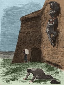 Escape from the bagne de Rochefort in the 19th century. Engraving in Histoire des bagnes depuis leur création à nos jours (1877) by Pierre Zaccone. Private collection. by Anonymous Anonymous