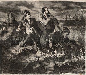Escape from the bagne of Belle-Ile-en-Mer in the 19th century. Engraving in Histoire des bagnes depuis leur création à nos jours (1877) by Pierre Zaccone.