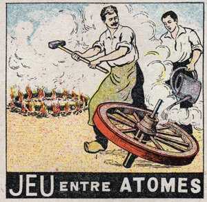 Ether (material): play between atoms. Charrons making a wheel. Anonymous illustration from 1925. Private collection. by Anonymous Anonymous